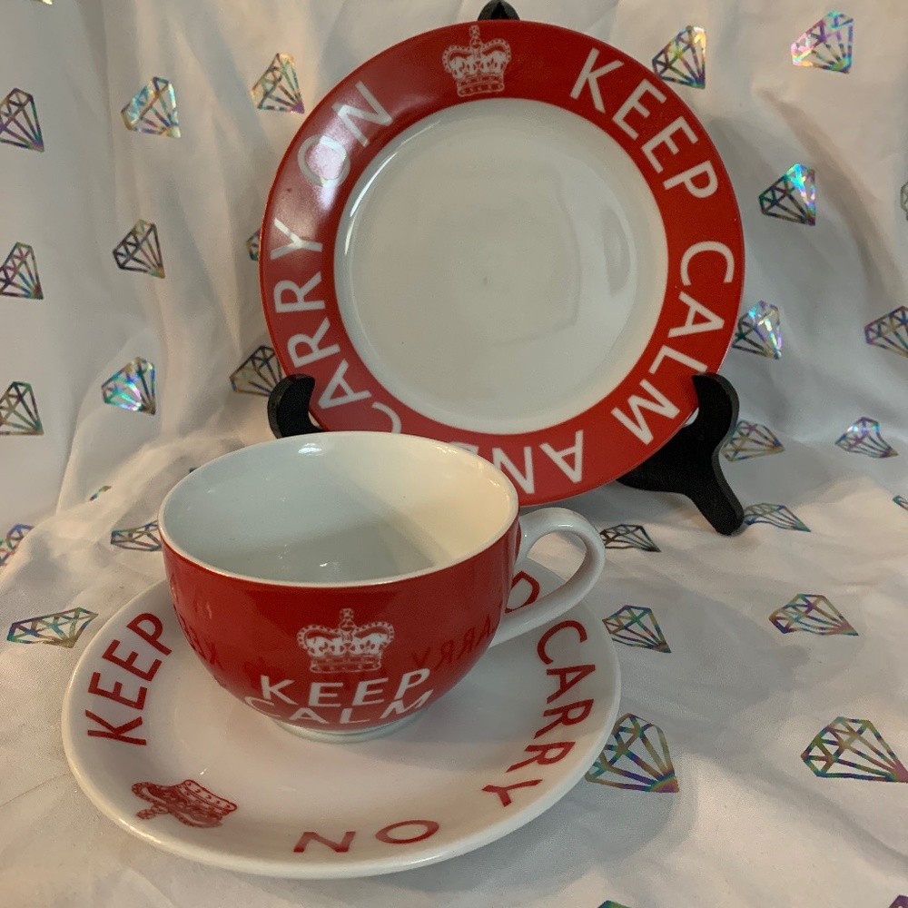 Keep Calm and Carry On teacup/saucer/plate set.